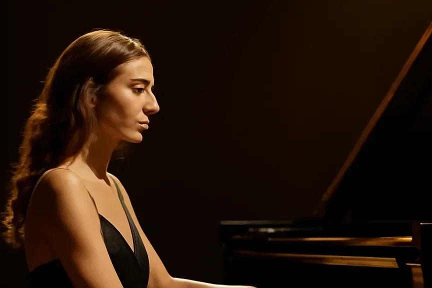 Pianiste de concert jouant sur un piano à queue noir dans une salle faiblement éclairée, mains en mouvement sur le clavier