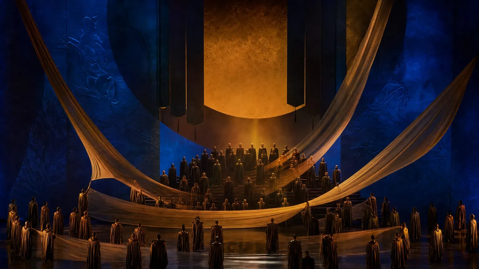 Scène d'opéra vue depuis la fosse, chœur en mouvement sous des lumières rouges et bleu nuit