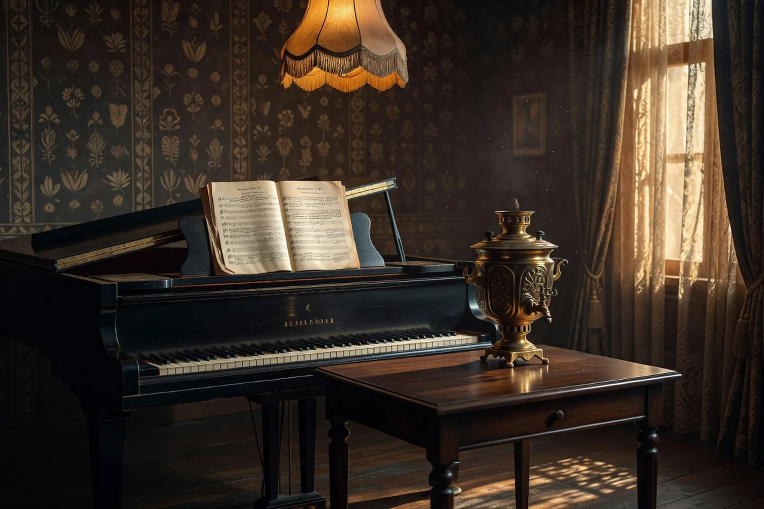 Scène d'intérieur moscovite des années 1940, piano à queue, partition d'orchestre posée, samovar sur la table — atmosphère de composition (scène d'époque)