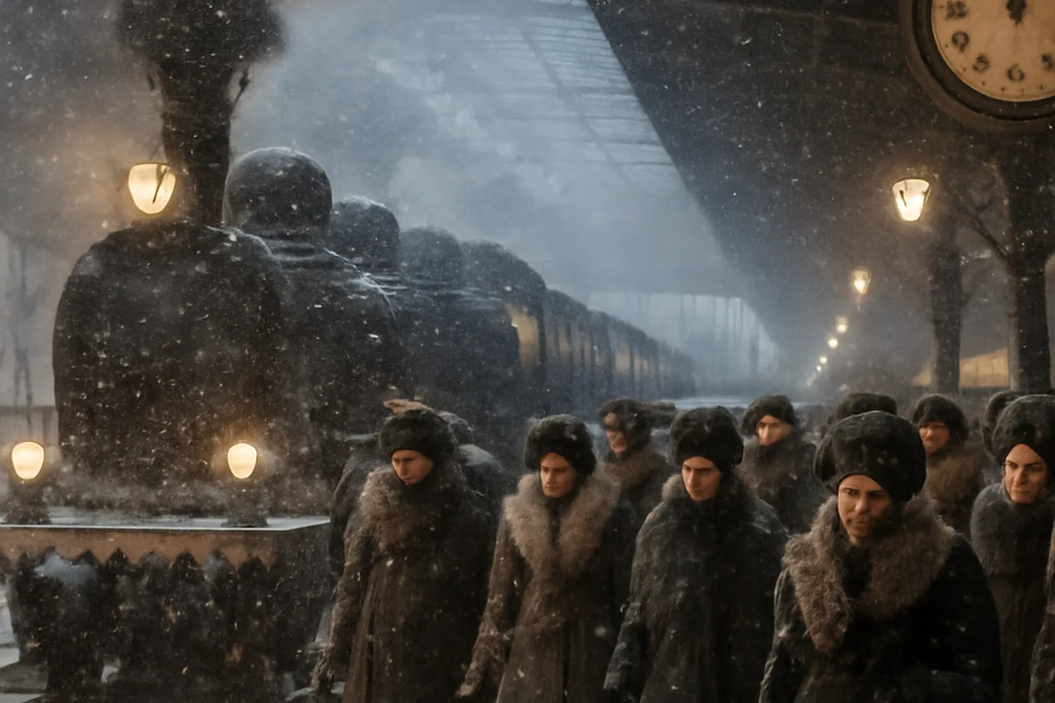Gare de Saint-Pétersbourg en décembre 1917, train au départ, voyageurs en manteau et chapeaux dans la neige (scène d'époque)