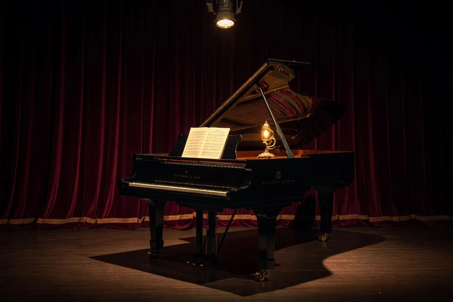 Piano de concert Steinway éclairé par la lumière dorée du soir, partition ouverte sur le Concerto pour piano n°2 (scène d'époque)