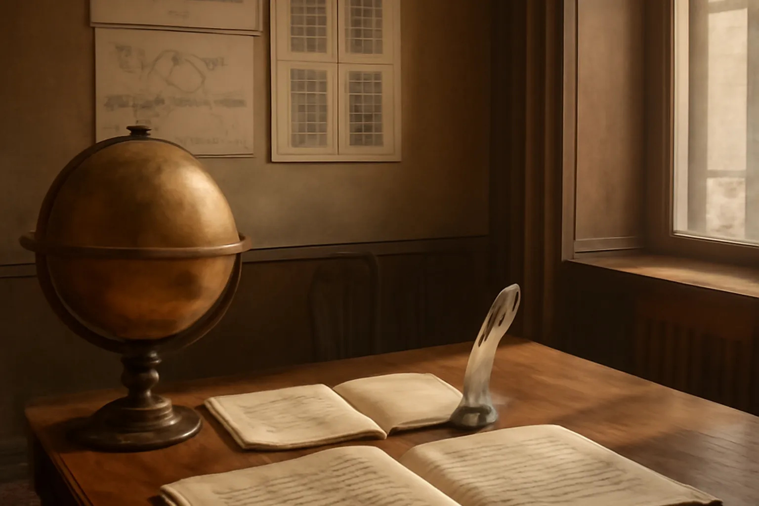 Bureau de professeur du conservatoire de Saint-Pétersbourg vers 1890, globe terrestre, partitions d'orchestre, encrier (scène d'époque)