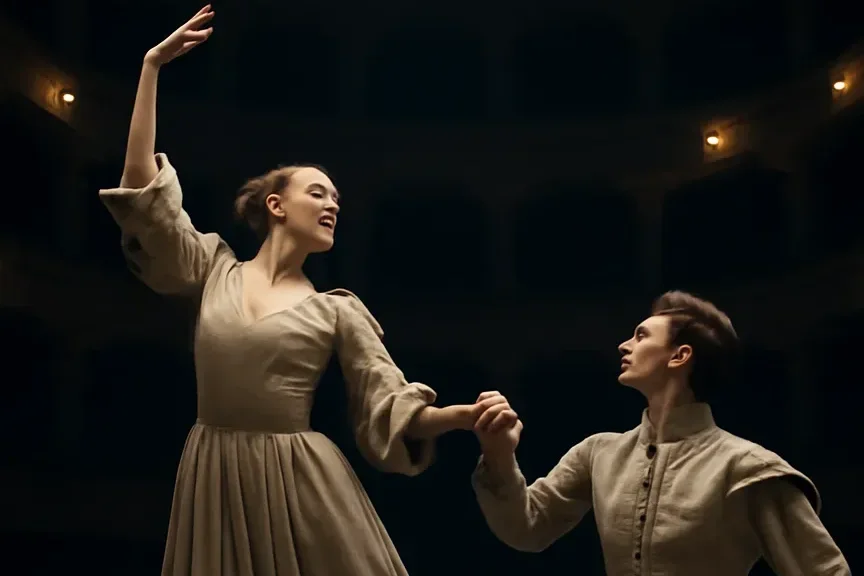 Couple de danseurs classiques en pleine scène dramatique sur une scène de théâtre historique, éclairage tamisé, costumes d'époque Renaissance