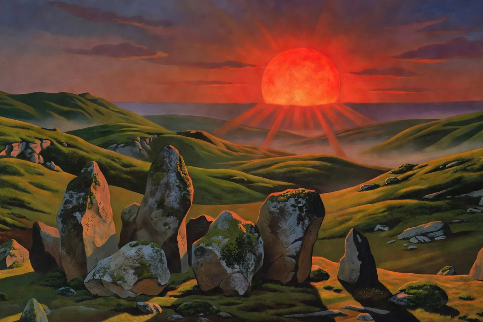 Décor peint du Sacre du printemps par Nicolas Roerich, paysage païen russe avec collines et soleil rouge (scène d'époque 1913)