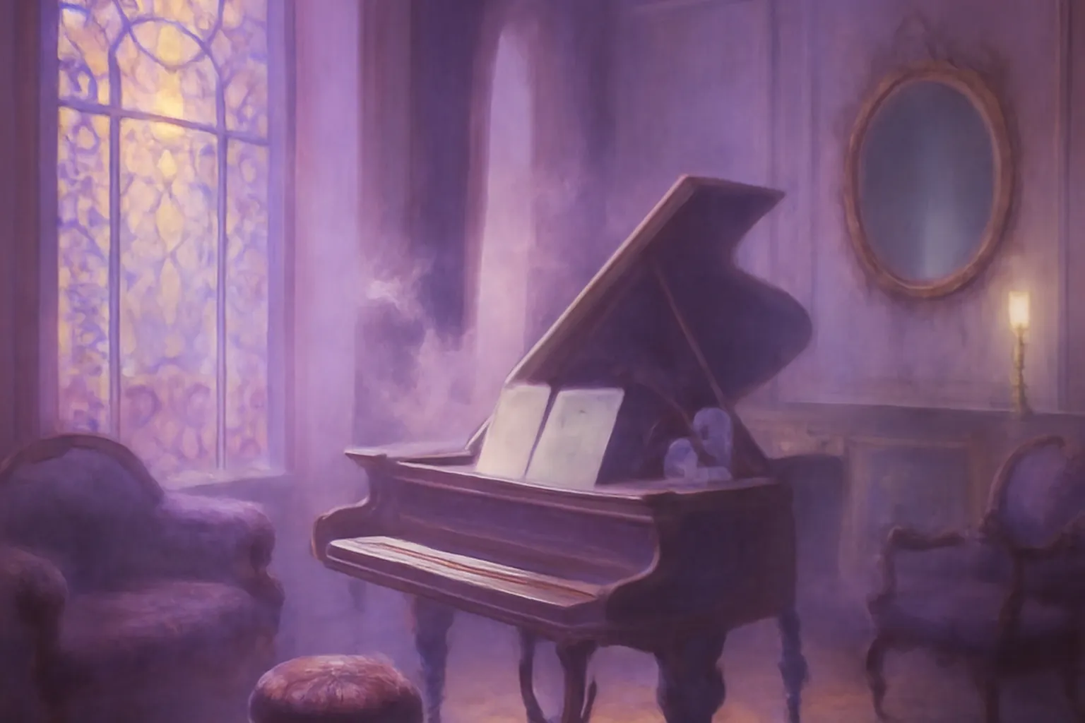 Piano à queue dans un salon russe du début XXe, lumière irréelle, partitions ouvertes suggérant la sonorité théosophique (scène d'époque)