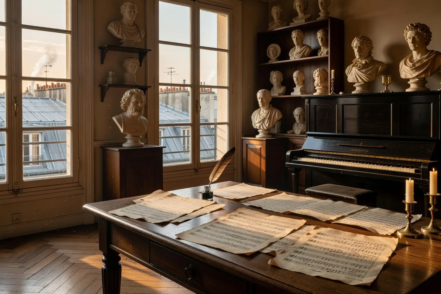 Studio de composition des années 1920, partition manuscrite avec annotations à l'encre, piano droit et bustes classiques (scène d'époque Paris)