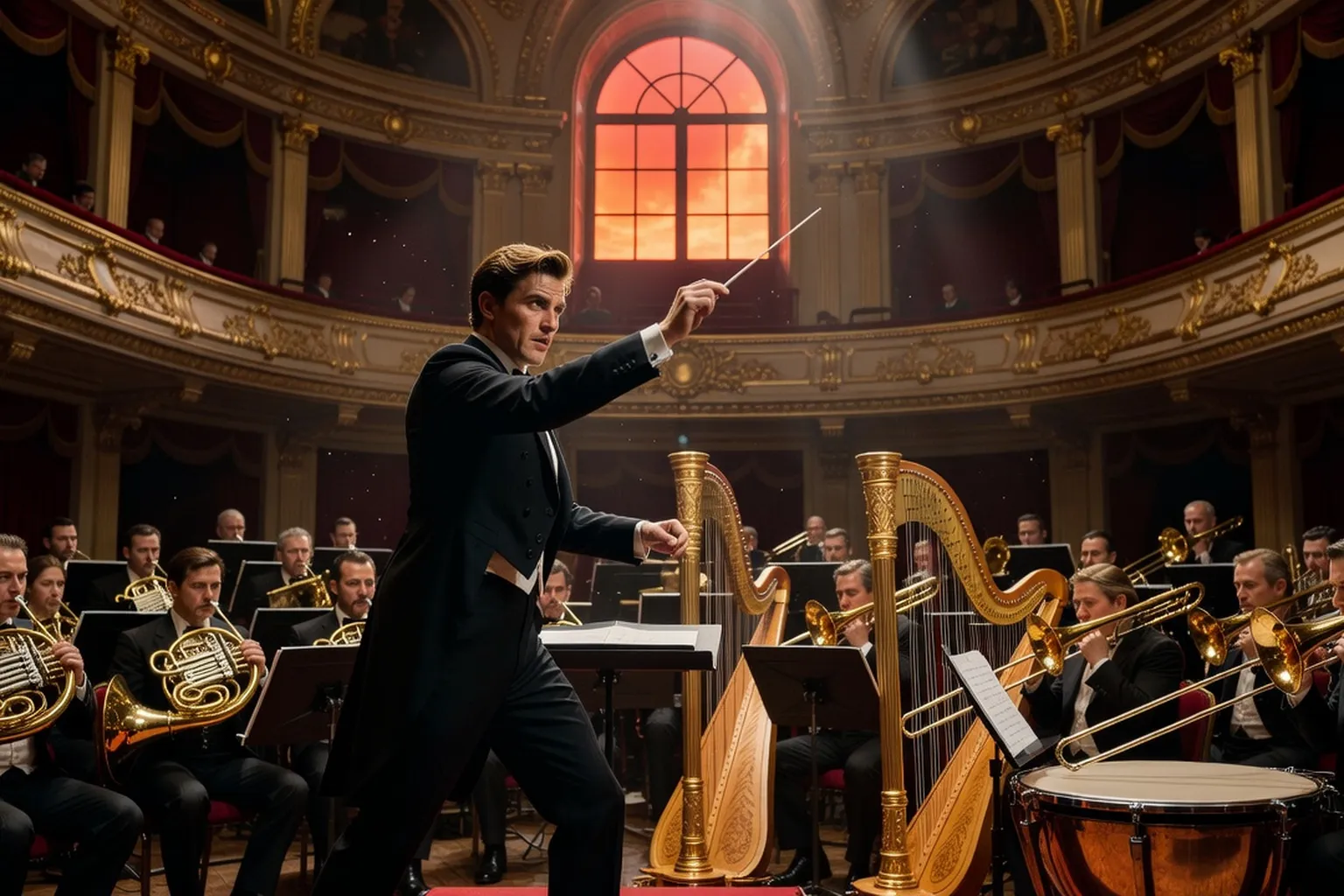 Grand orchestre symphonique en pleine fureur sonore sous un ciel de steppe embrasé, cuivres levés et percussions au premier plan, aube rougeoyante au-dessus de la scène