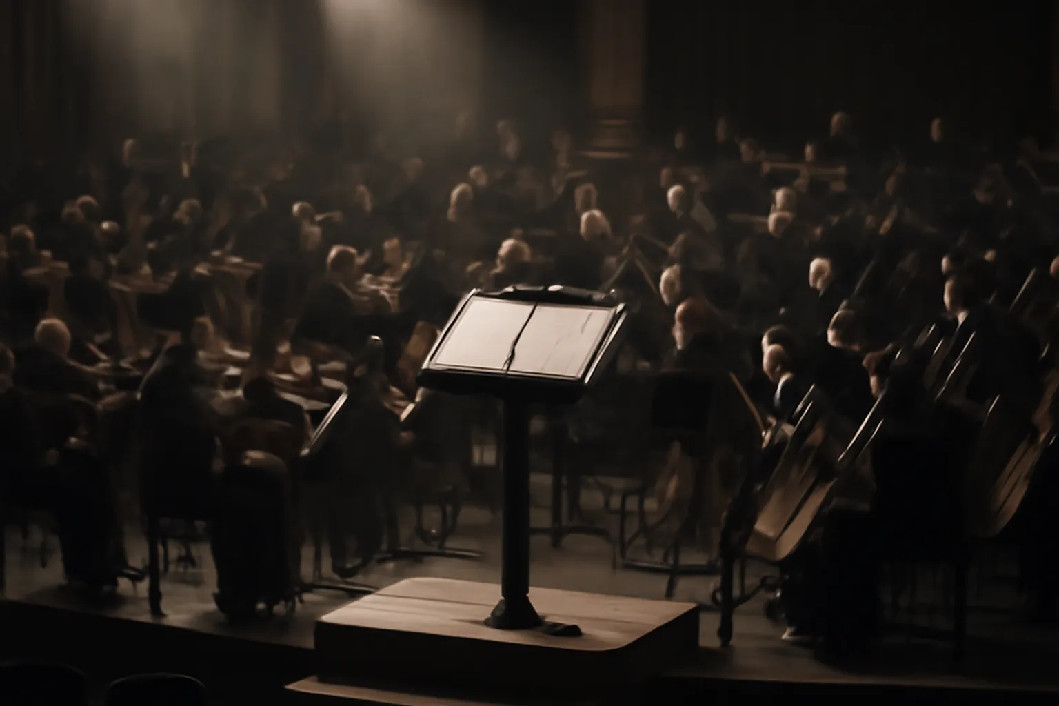 Salle de concert de Léningrad en novembre 1937 avec orchestre symphonique et public tendu, lumières tamisées (scène d'époque)