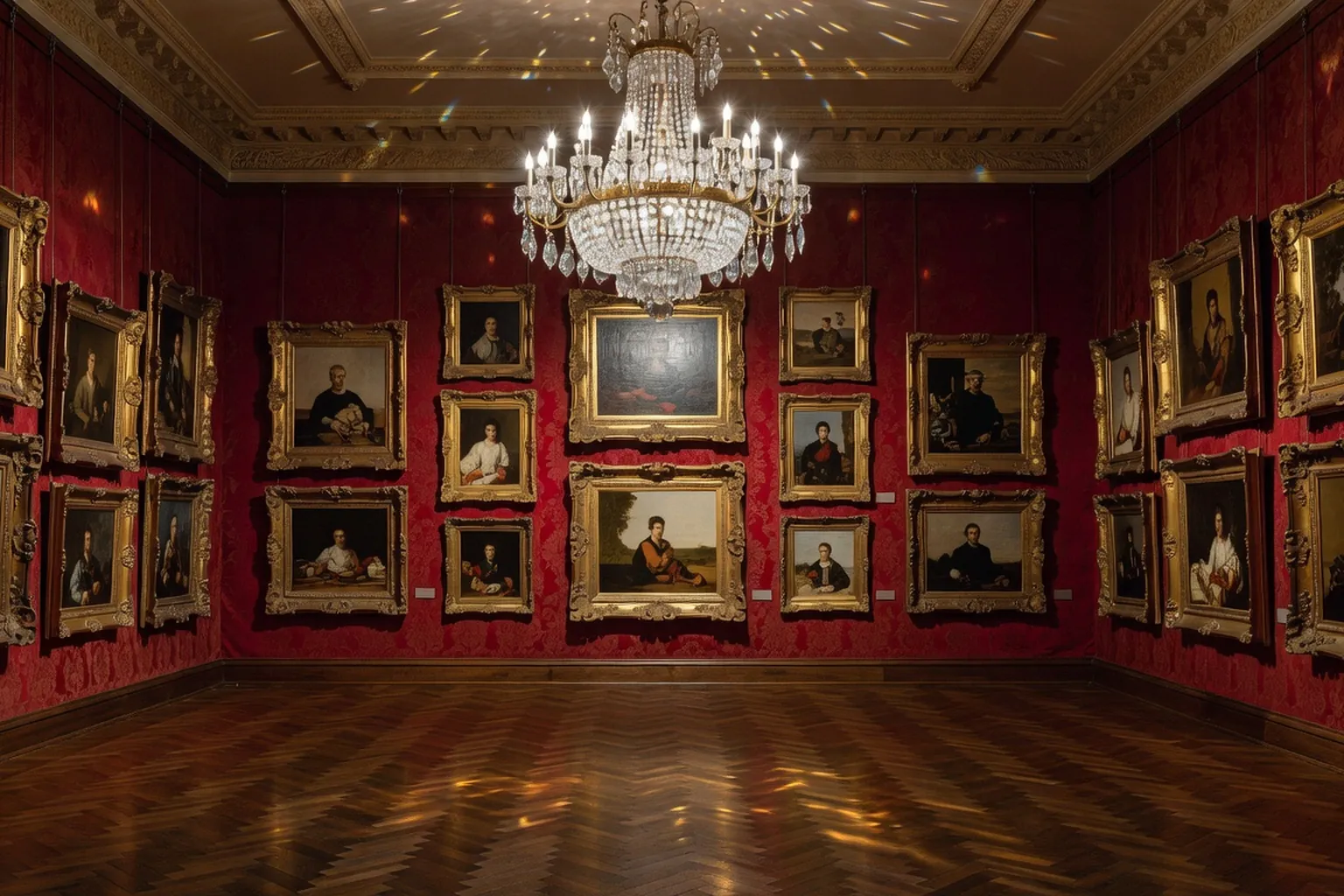 Galerie d'exposition russe XIXe avec cadres dorés sur mur rouge, parquet en chevron et lustre au plafond (scène d'époque)