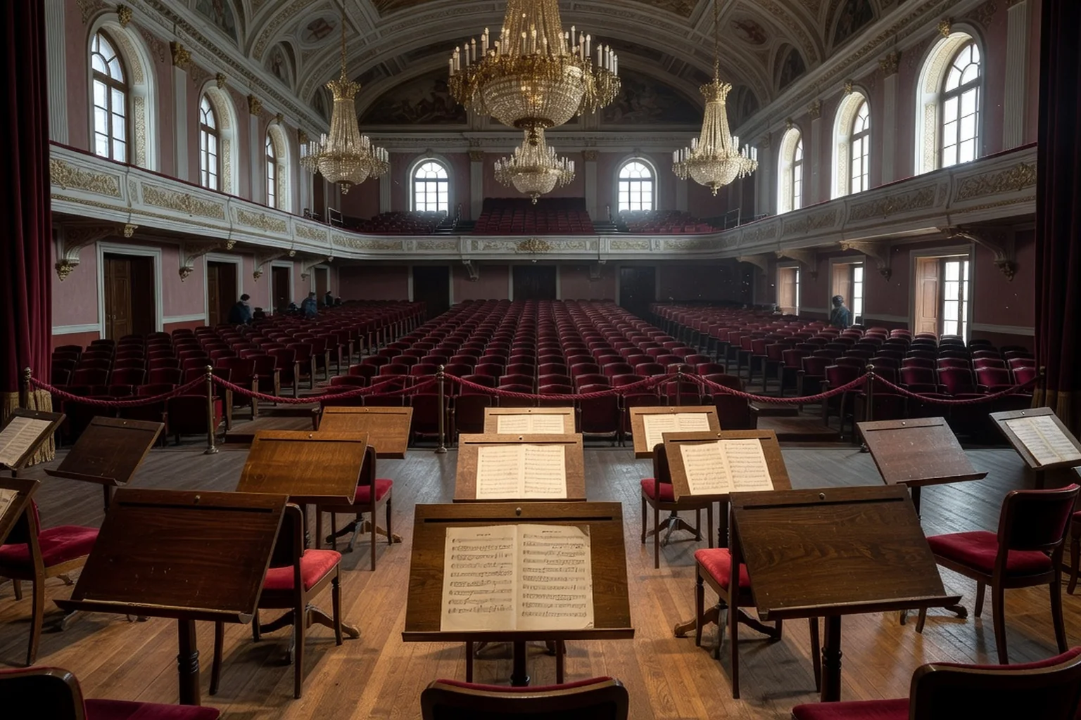 Grande salle de concert russe du XIXe siècle vue depuis la scène, pupitres d'orchestre en bois, lustres dorés et velours bordeaux