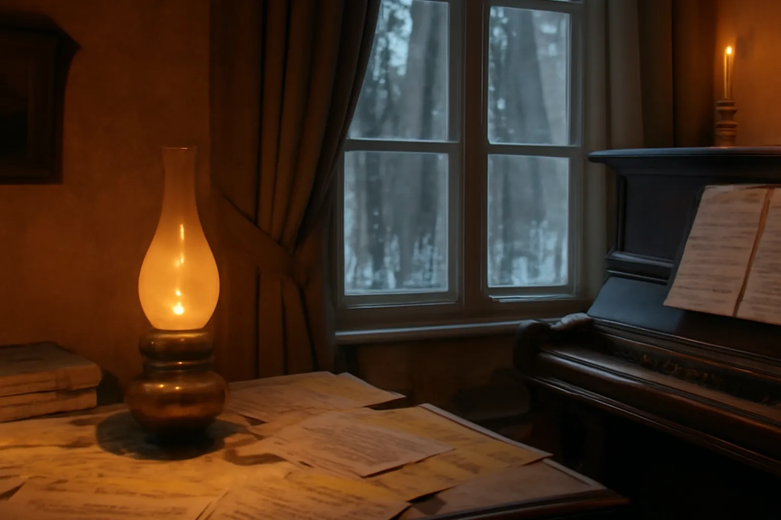 Piotr Ilitch Tchaikovski dans son bureau de composition a Klin, plume et partition sous la lampe a petrole (scene d'epoque reconstitue)