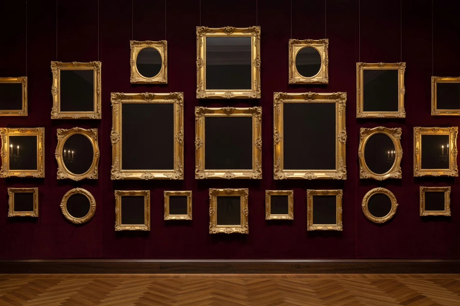 Galerie de portraits de compositeurs russes et ukrainiens, cadres dorés sur mur de velours bordeaux