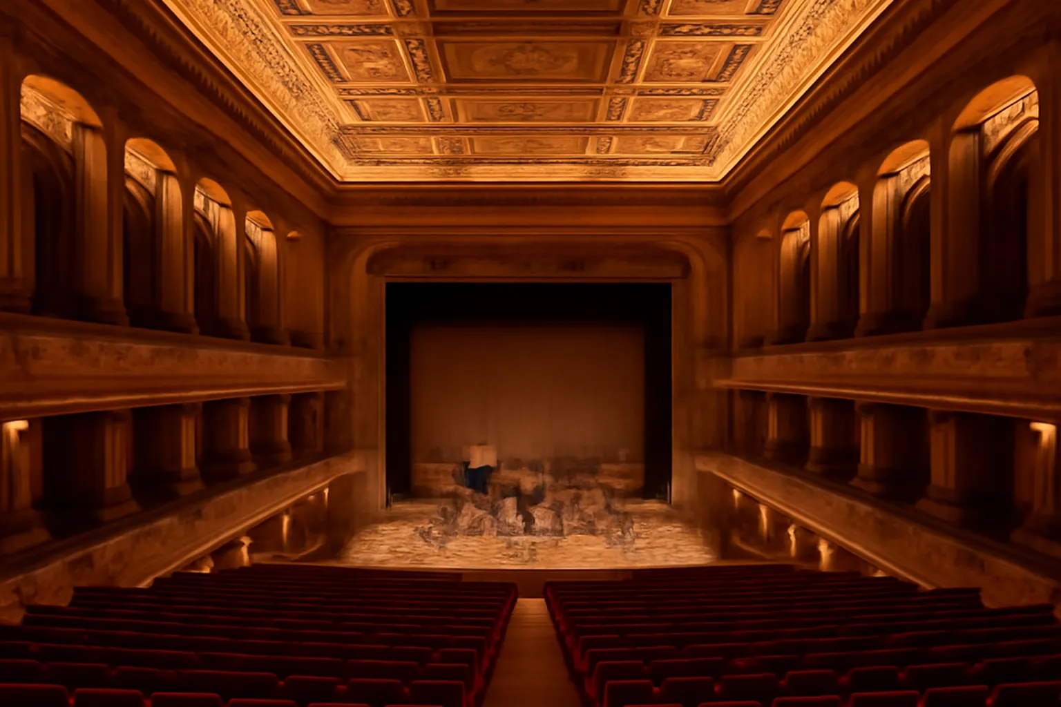 Salle de concert parisienne avec public et orchestre symphonique, lumière dorée du plafond à caissons