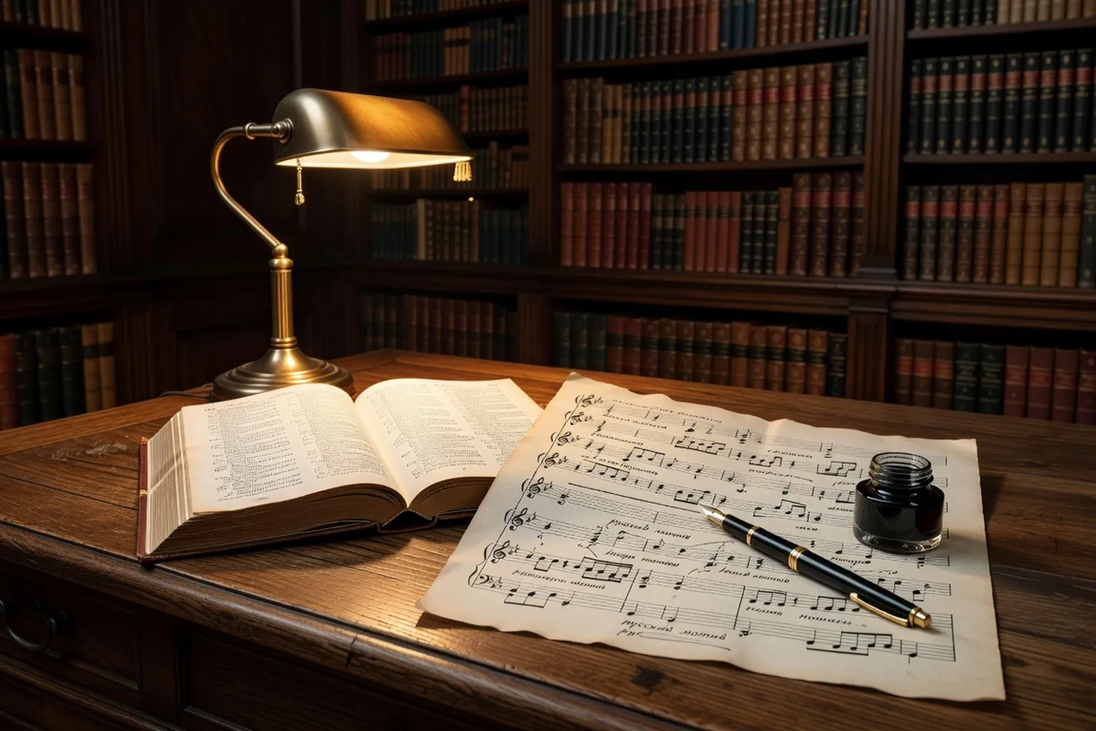 Dictionnaire russe-français ouvert à côté d'une partition manuscrite, plume et encrier