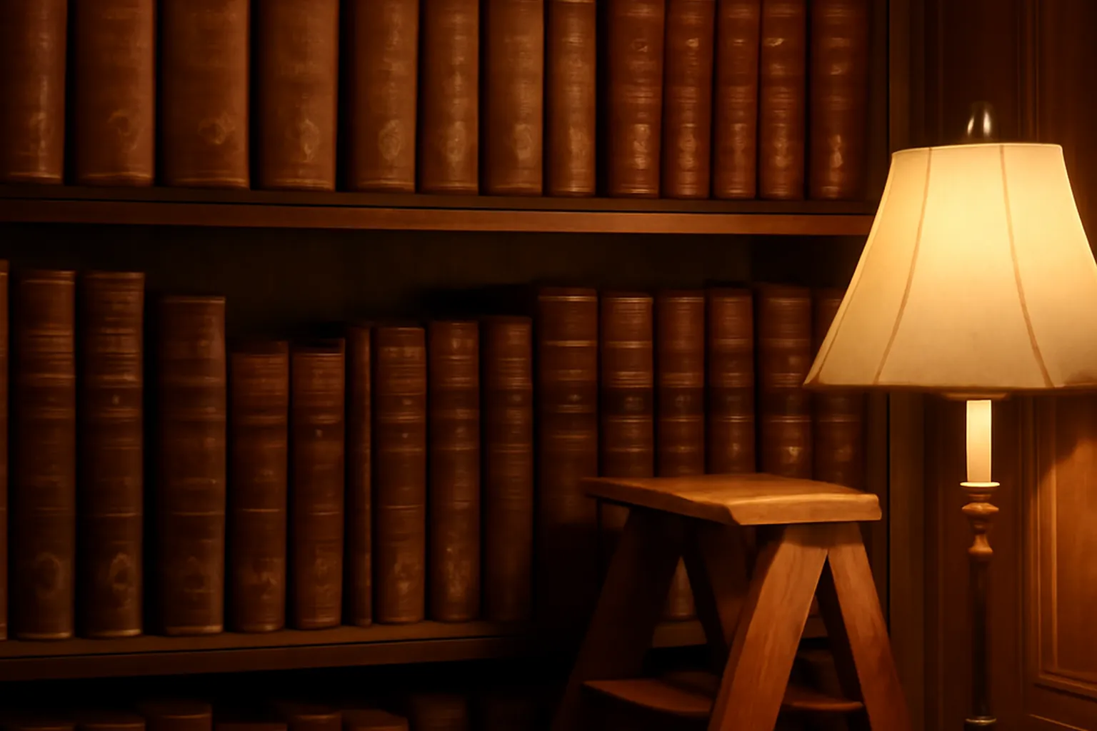 Étagère de partitions anciennes, reliures en cuir et dorures, dans une bibliothèque musicale