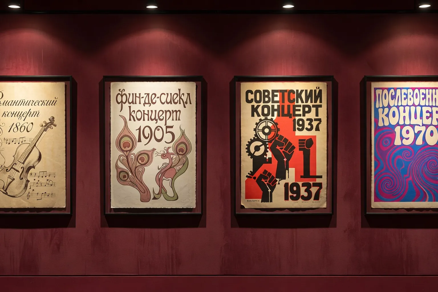 Frise chronologique illustrée : affiches d'opéra d'époques différentes alignées sur un mur de salle de concert