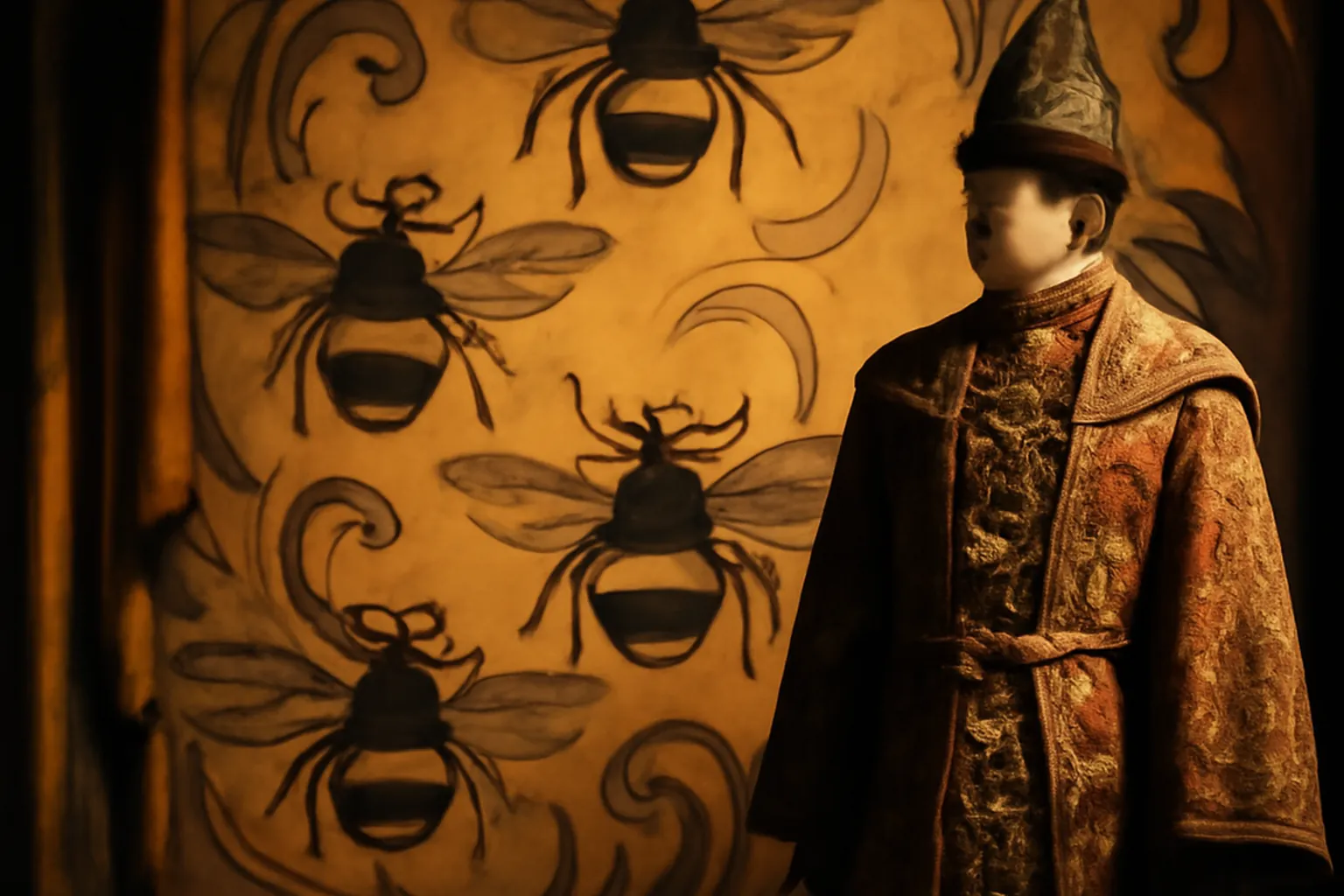 Scène d'opéra fantastique avec insectes dessinés sur décor peint, lumière or et ombre, costume de prince russe (scène d'époque 1900)